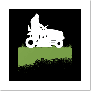 Bigfoot Riding Lawnmower Sasquatch Mowing The Lawn Grass Posters and Art